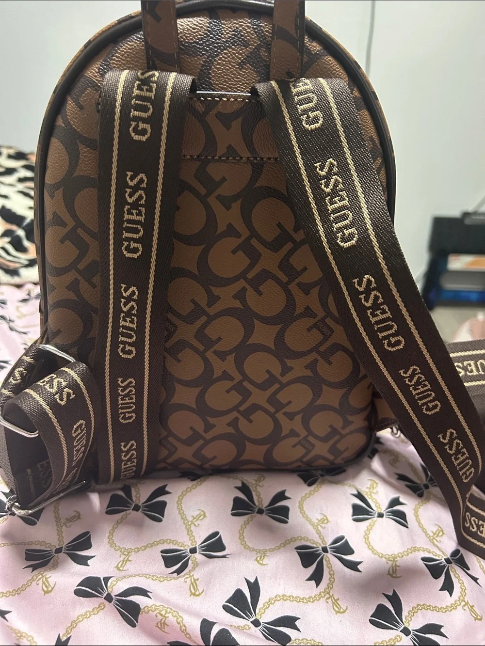 GUESS Brown Monogram Mini Backpack with Silver Hardware